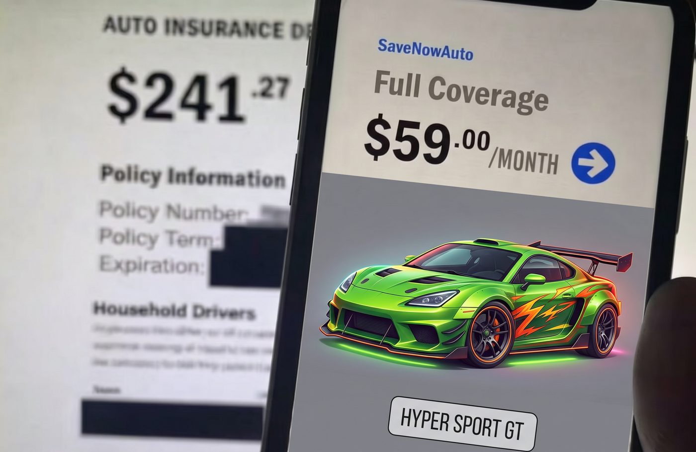 An old insurance bill of $241.27 next to a new full-coverage quote of $59.00 per month on a phone